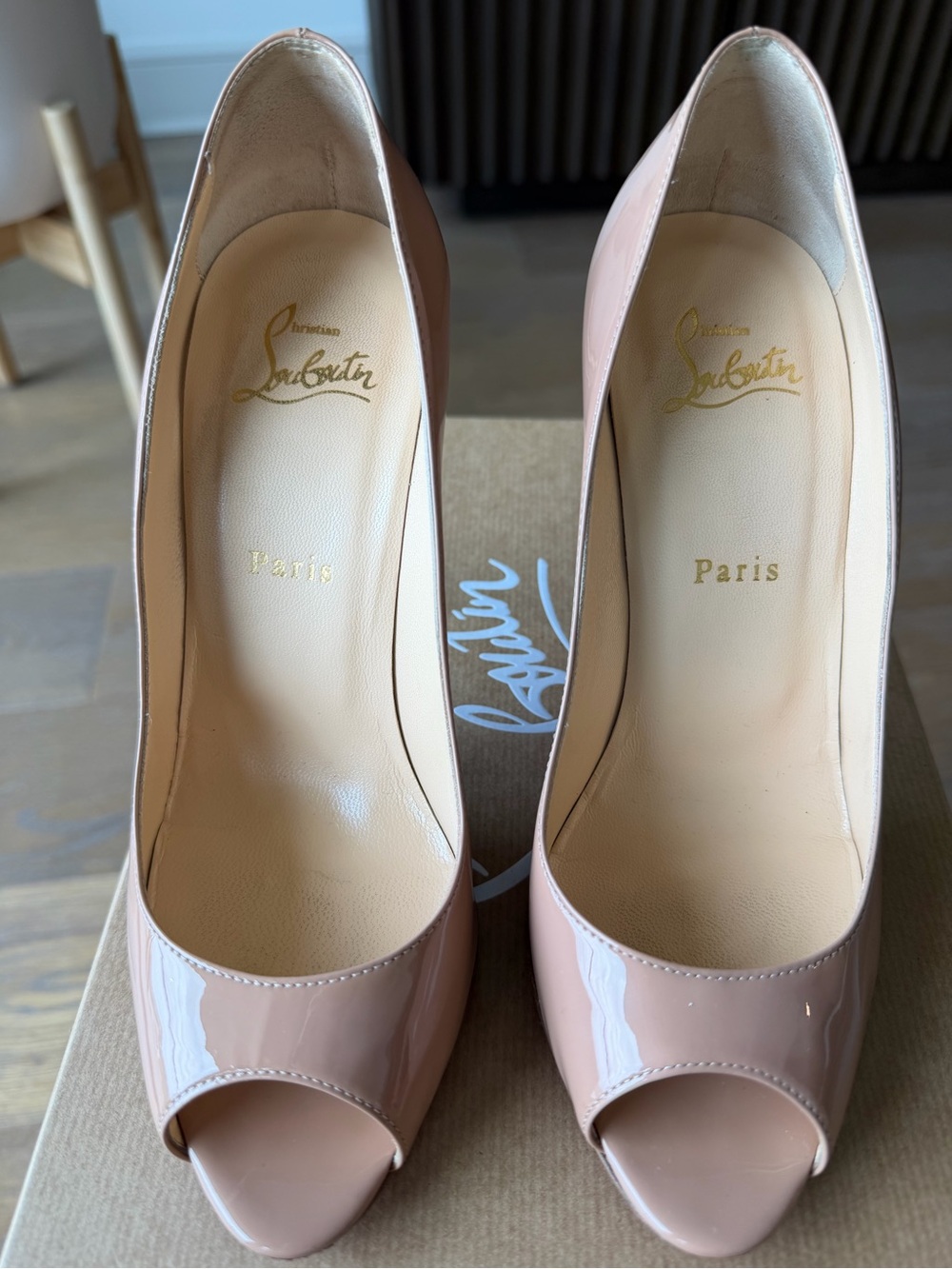 Christian Louboutin Nude Patent Leather Peep-Toe Pumps